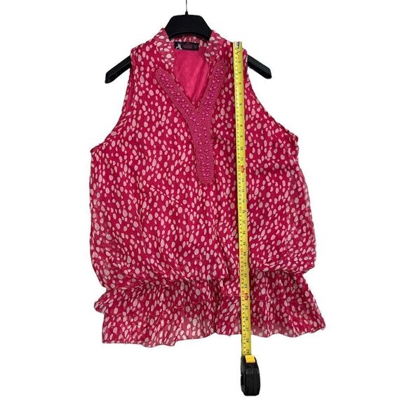 Model France Pink Polka Dot and Ruffles Sleeveless Top - Picture 7 of 8